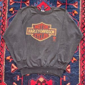 Vintage 80s Harley Davidson Center Logo Graphic Faded Ringer Crewneck Sweatshirt